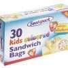 a blue color box on which a sandwich logo is printed and a text of 30 kids coloured sandwitch bags is printed